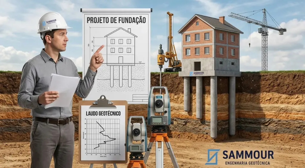 Exemplo de como funciona um projeto de fundação. Um engenheiro apontando para algumas imagens