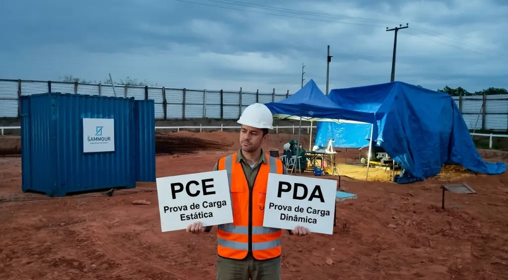 Engenheiro Sammour com placas PCE e PDA explicando diferença entre provas de carga